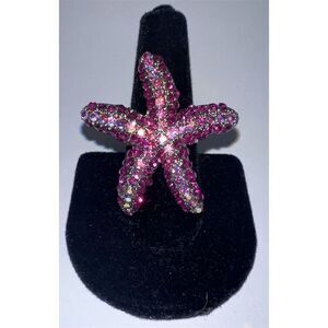 Neon Fuchsia Pink Crystal Starfish Adjustable Ring Ocean Theme